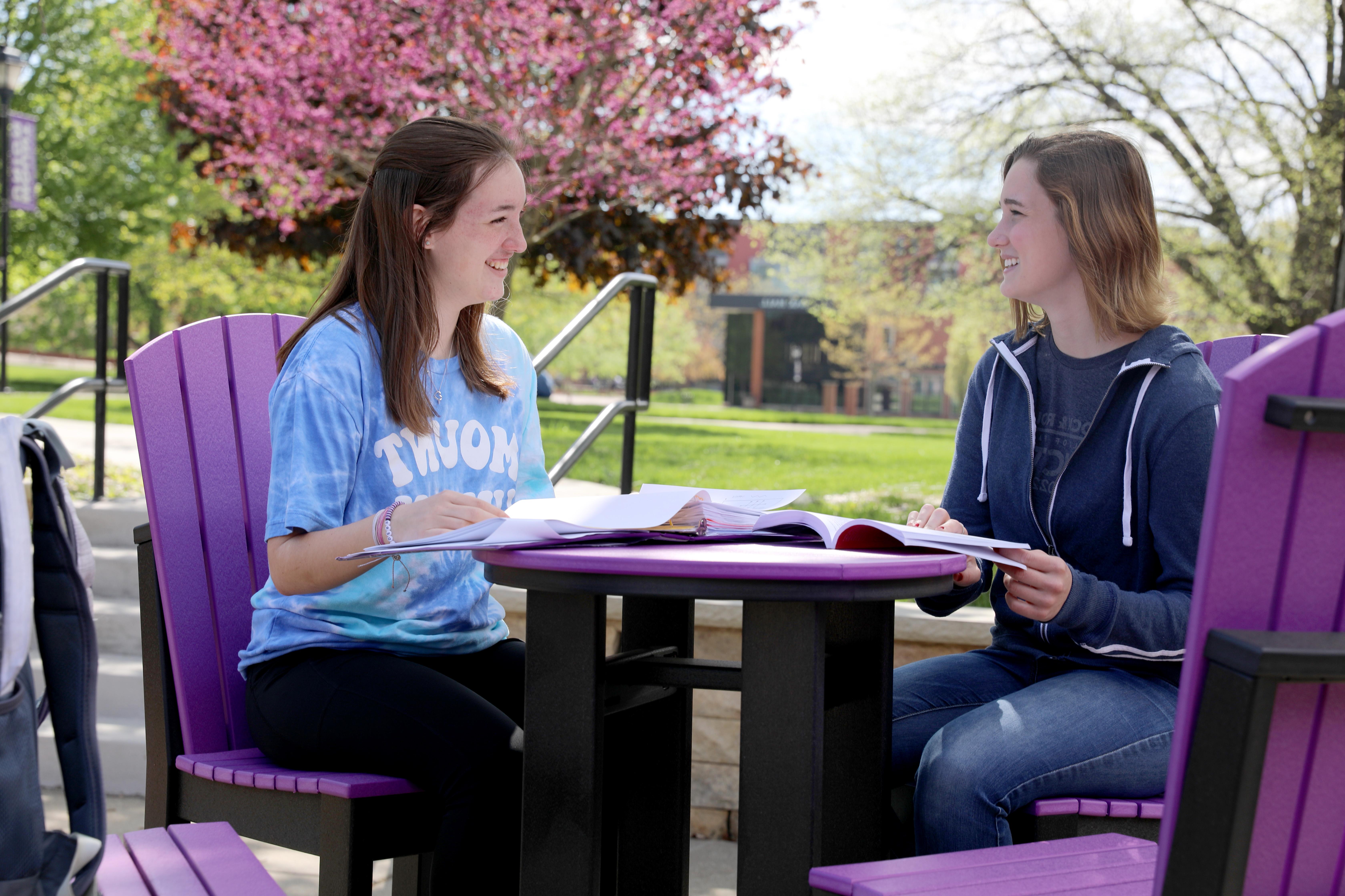 Two Mount Union students studying outside together on campus.